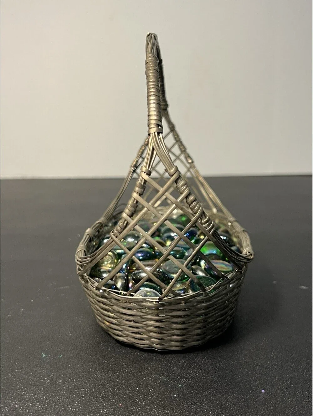 Vintage 1950s Woven Silver Tone Wire Basket With Iridescent Glass Gems, 7x7”